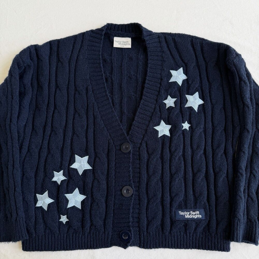 Taylor Swift Cardigan Midnights Album Navy Blue Stars Cozy Sweater Size XS/SM